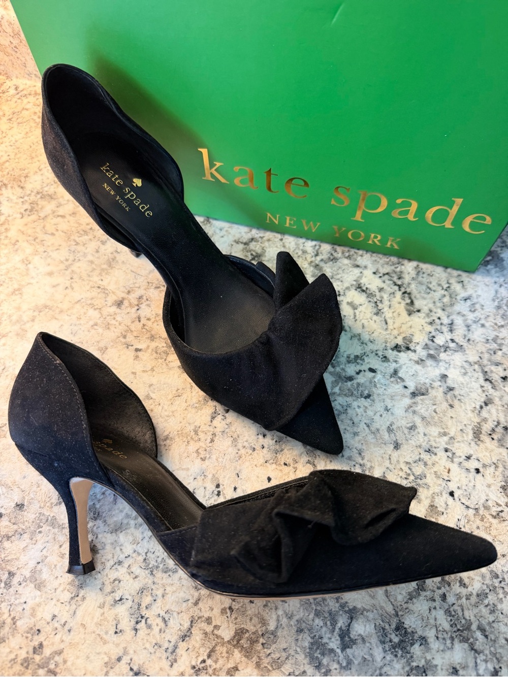 kate spade Black Suede Pointed D'Orsay Kitten Heels with Decorative Bow Box